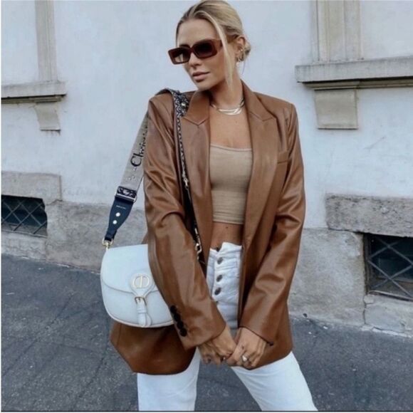 NWT Zara Faux Vegan Leather Oversized Boyfriend Brown Cognac Blazer Jacket - Picture 3 of 9